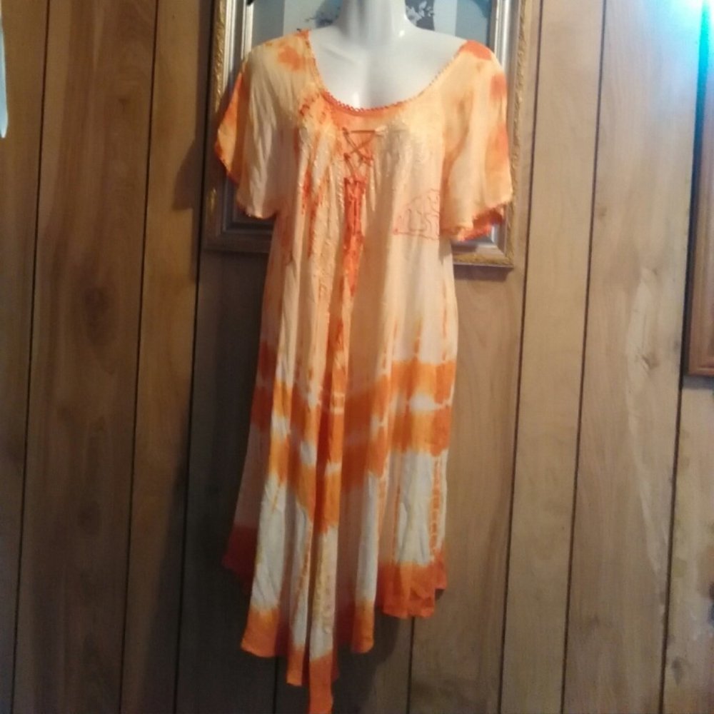 S.R.Fashion High-low Crinkle Embroidered Tye dye Dress